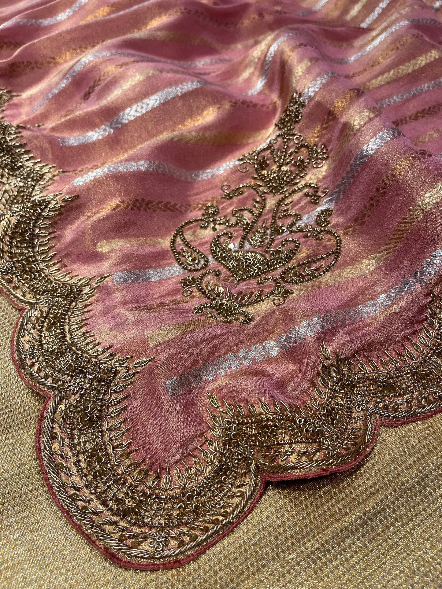 PINK COLOUR TISSUE HAND EMBROIDERED SAREE EMBELLISHED WITH ZARDOZI WORK