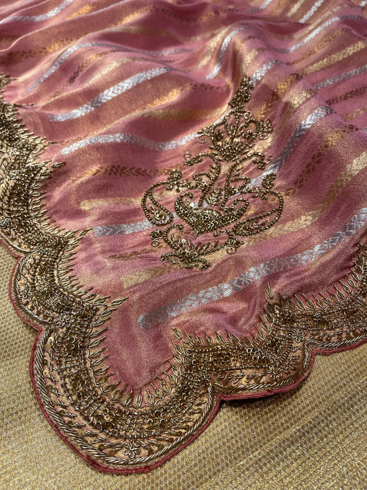 PINK COLOUR TISSUE HAND EMBROIDERED SAREE EMBELLISHED WITH ZARDOZI WORK