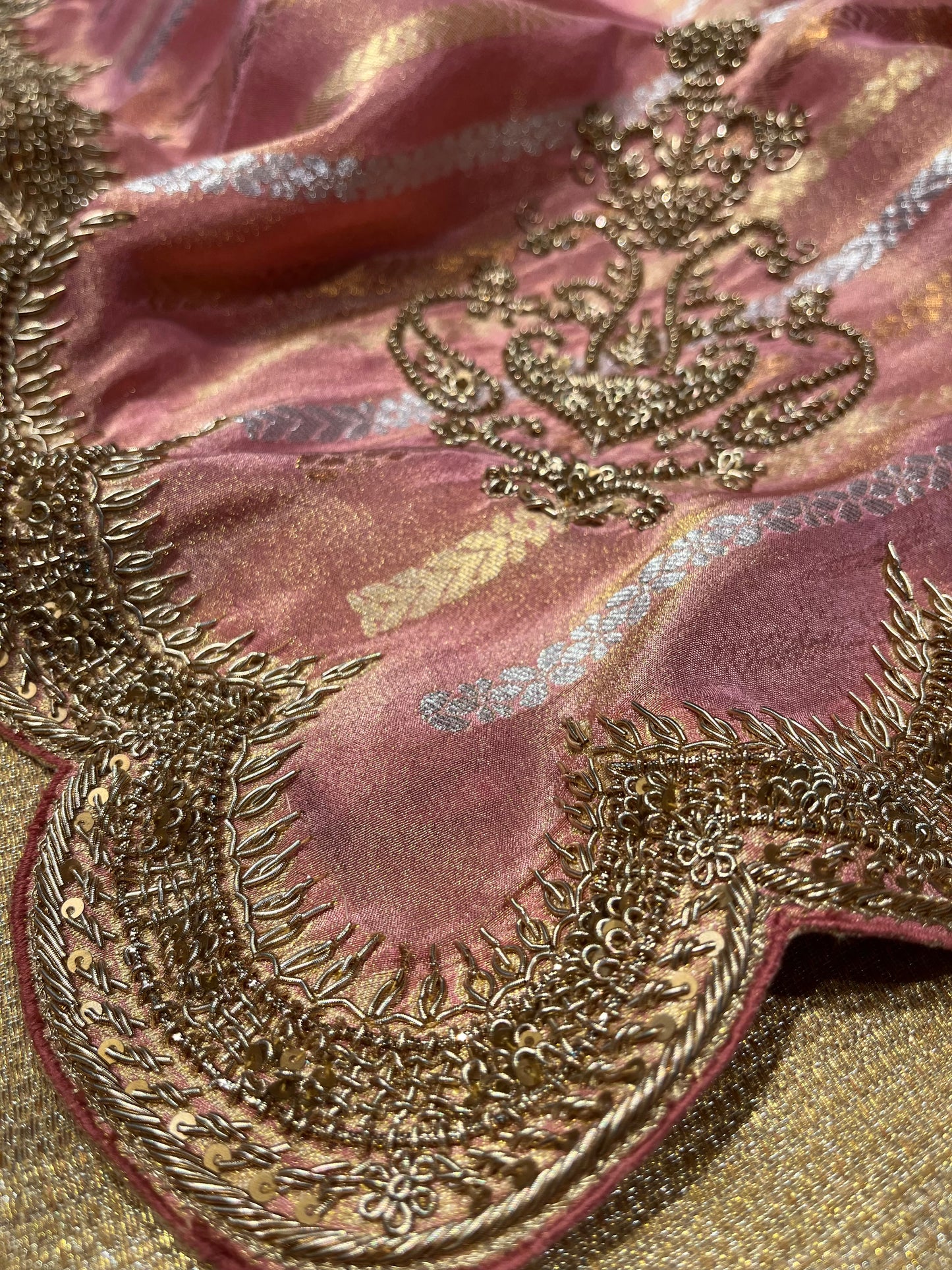 PINK COLOUR TISSUE HAND EMBROIDERED SAREE EMBELLISHED WITH ZARDOZI WORK