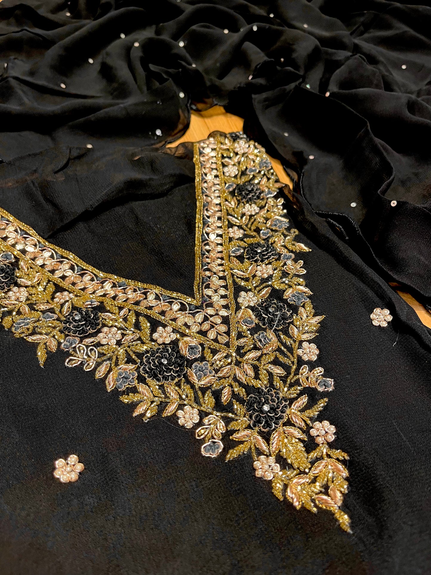 BLACK COLOUR GEORGETTE UNSTITCHED SUIT EMBELLISHED WITH CUTDANA & ZARDOZI WORK