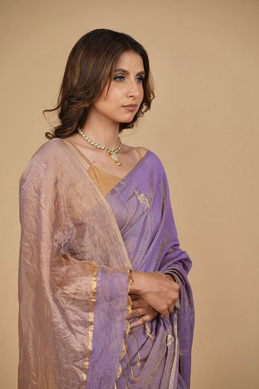 LILAC CHANDERI TISSUE SAREE WITH INTRICATE GOLDEN ZARDOZI MOTIFS