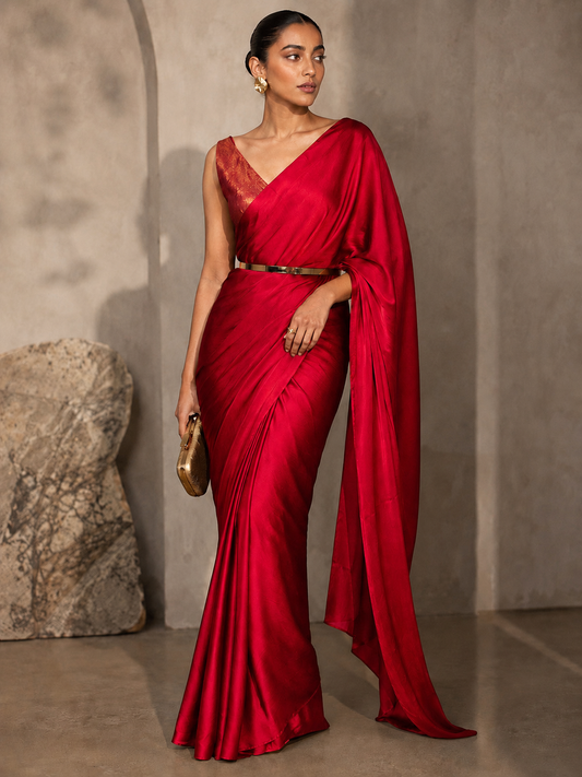 RED COLOUR ORGANZA SATIN SAREE WITH  UNSTITCHED TISSUE BLOUSE BY SIDDHAIKA - Kothari Sons