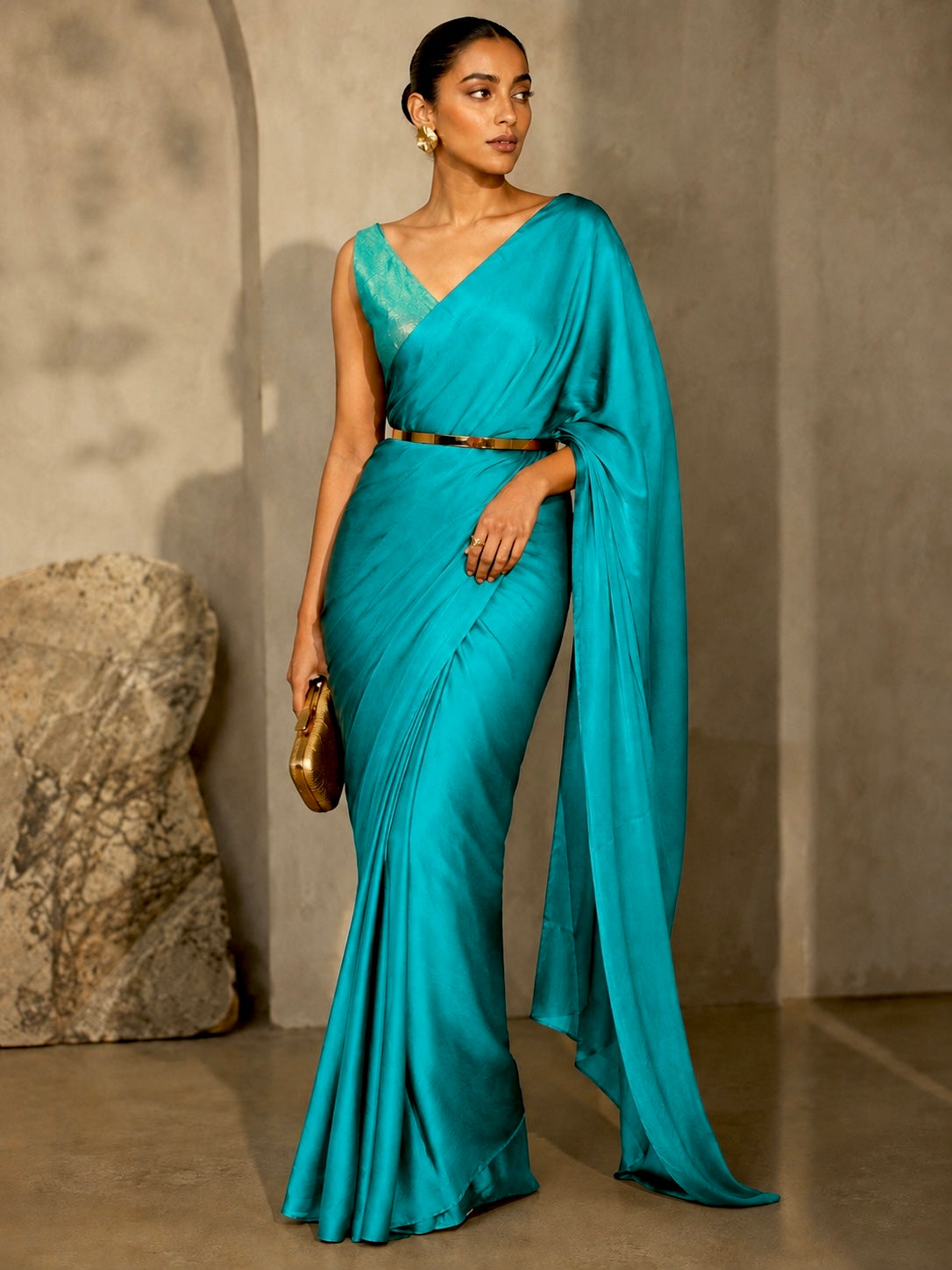 FIROZI COLOUR ORGANZA SATIN SAREE WITH UNSTITCHED TISSUE BLOUSE