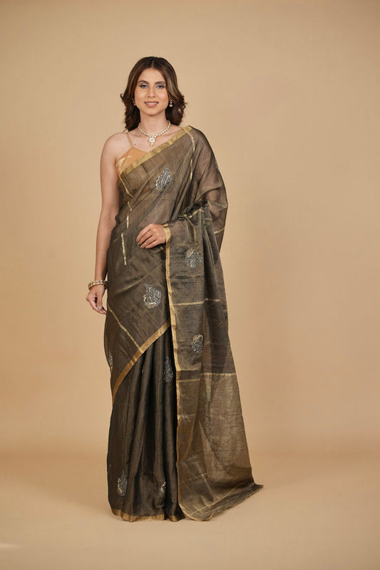 BLACK ANTIQUE TISSUE CHANDERI SAREE WITH BLACK OXIDISED HAND EMBROIDERED MOTIFS