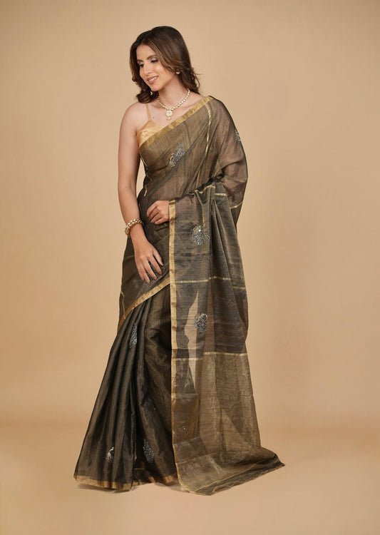 BLACK ANTIQUE TISSUE CHANDERI SAREE WITH BLACK OXIDISED HAND EMBROIDERED MOTIFS