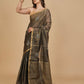 BLACK ANTIQUE TISSUE CHANDERI SAREE WITH BLACK OXIDISED HAND EMBROIDERED MOTIFS