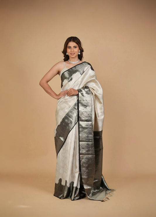 IVORY BROCADE PURE KANJIVARAM SILK SAREE WITH BLACK BORDER, PALLA & BLOUSE