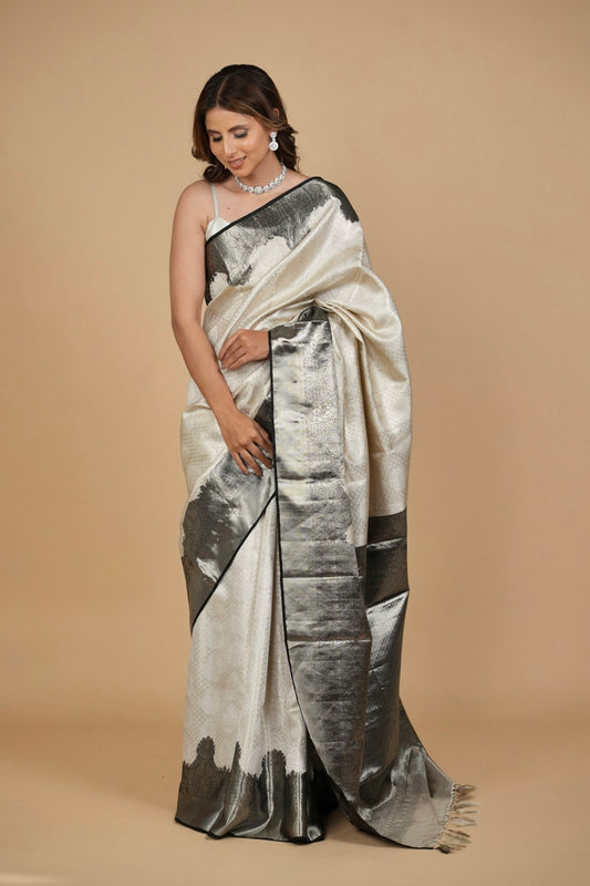 IVORY BROCADE PURE KANJIVARAM SILK SAREE WITH BLACK BORDER, PALLA & BLOUSE