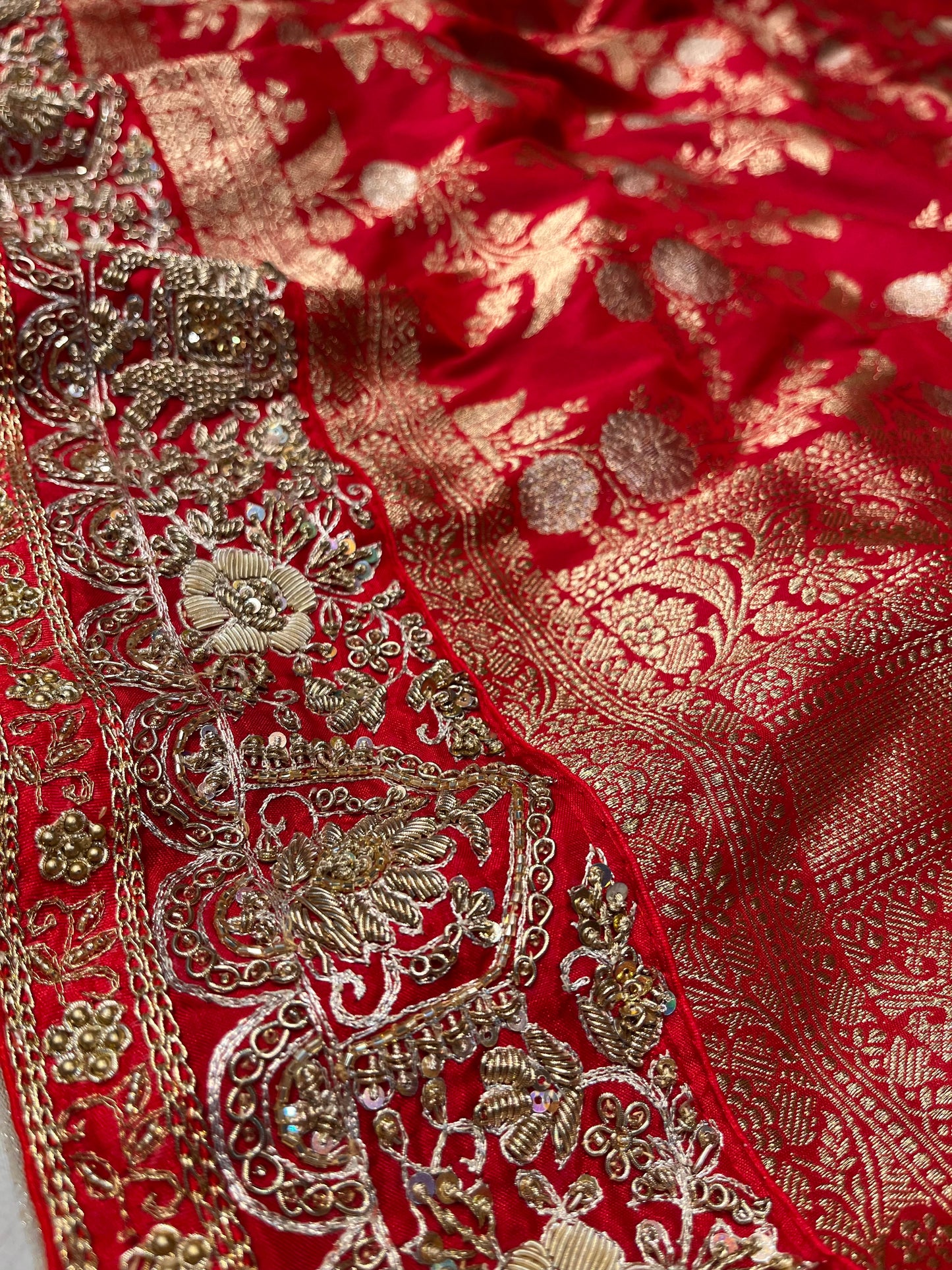 RED COLOUR HAND EMBROIDERED BANARASI SAREE EMBELLISHED WITH ZARDOZI WORK