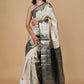 IVORY BROCADE PURE KANJIVARAM SILK SAREE WITH BLACK BORDER, PALLA & BLOUSE