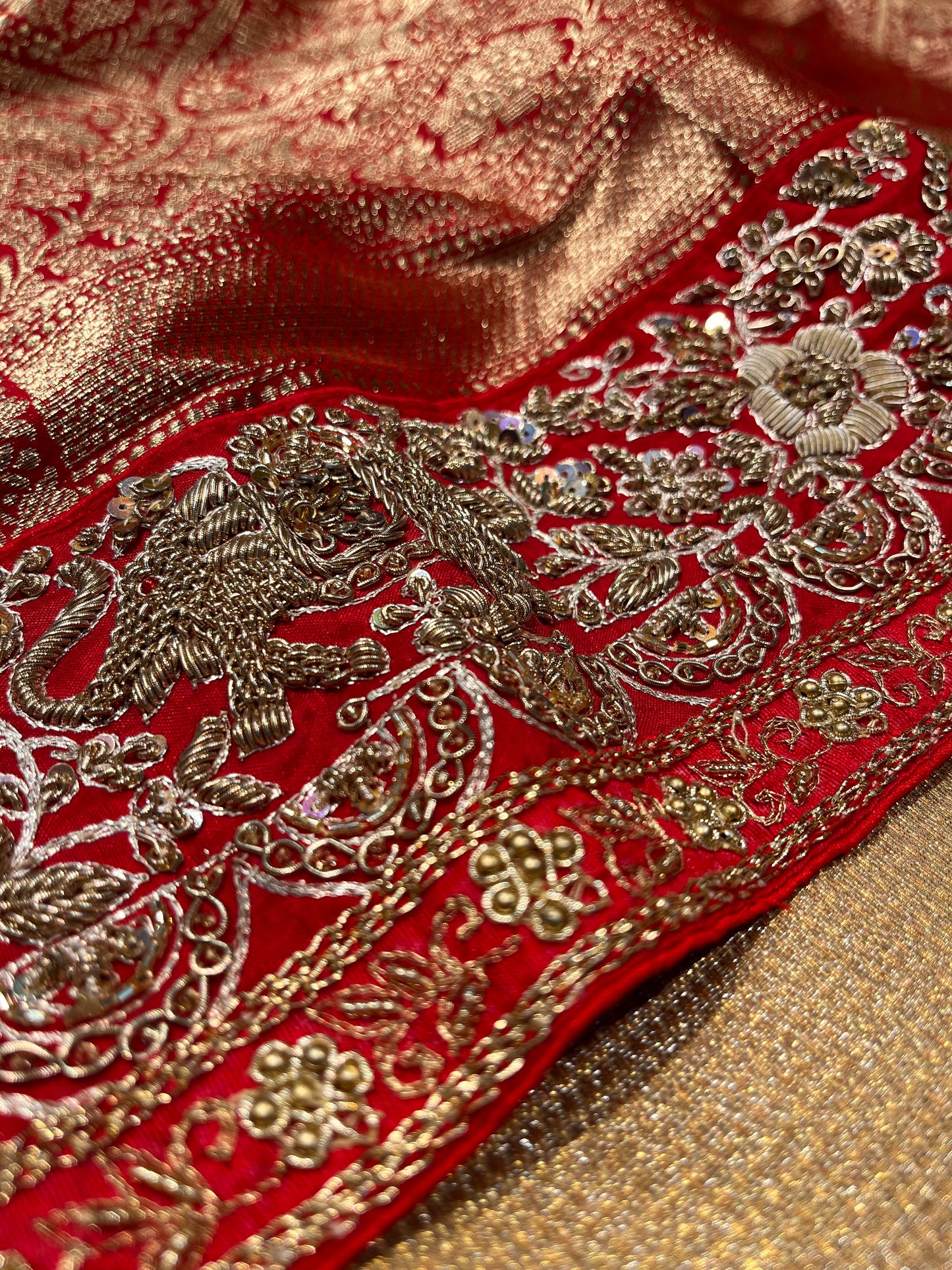 RED COLOUR HAND EMBROIDERED BANARASI SAREE EMBELLISHED WITH ZARDOZI WORK