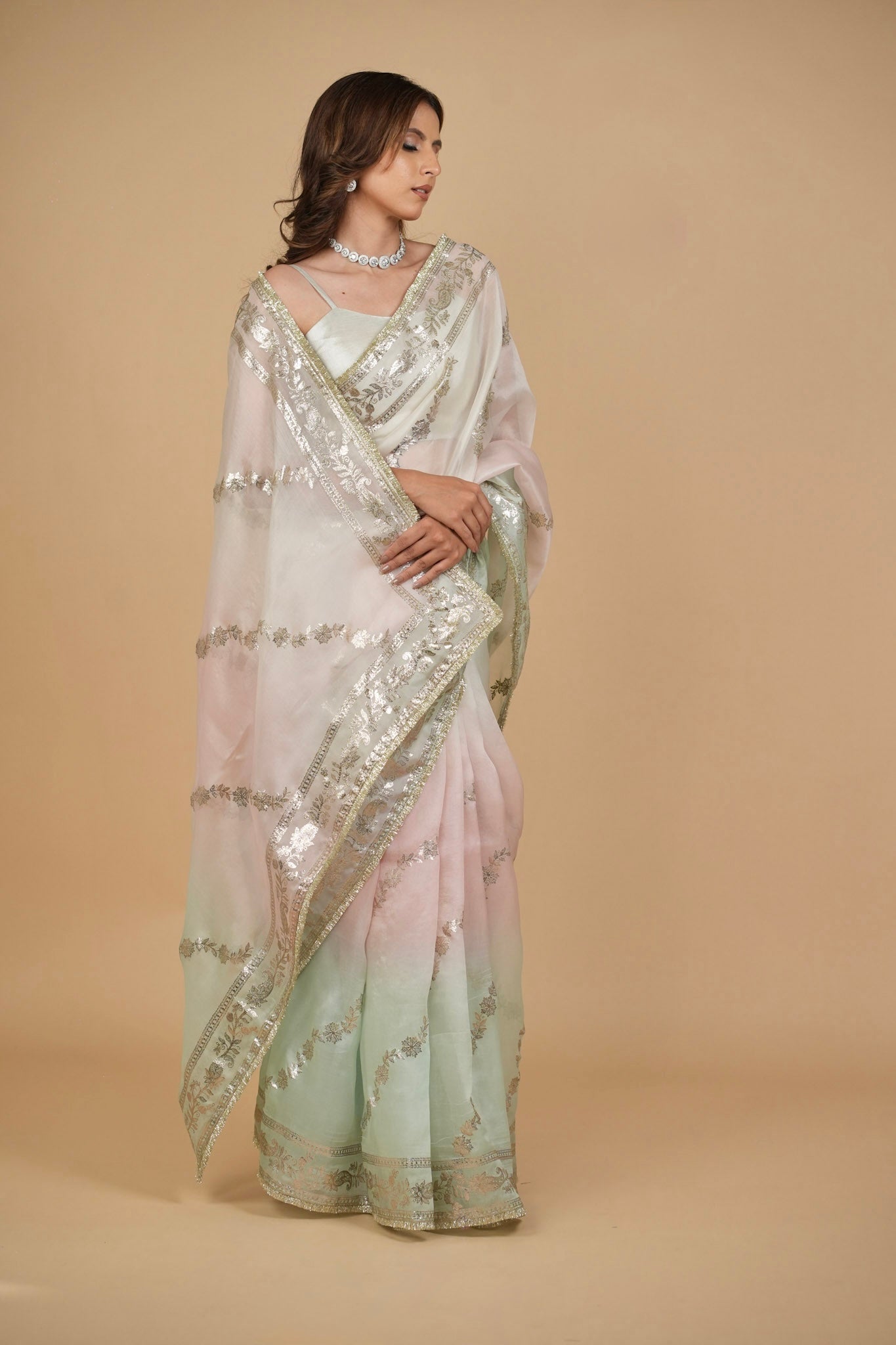 OMBRÉ DYED PURE ORGANZA SILK SAREE WITH BADLA EMBROIDERY AND FRINGE
