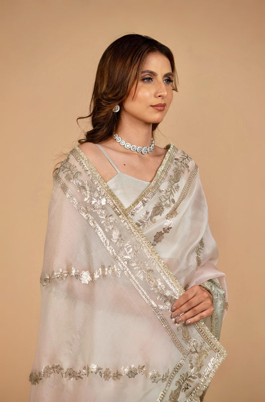 OMBRÉ DYED PURE ORGANZA SILK SAREE WITH BADLA EMBROIDERY AND FRINGE
