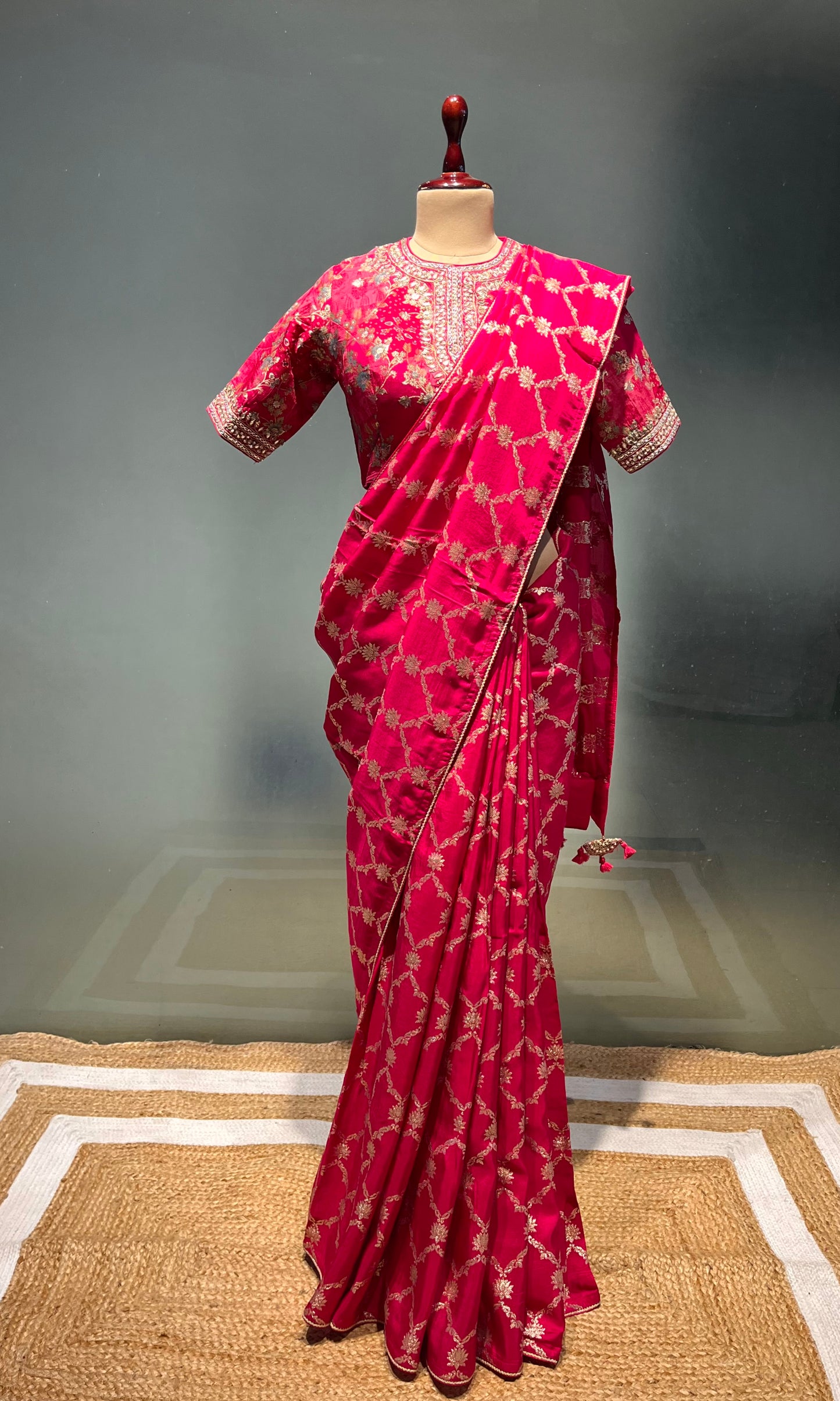 ( DELIVERY IN 20-25 DAYS ) HOT PINK COLOUR DOLA SILK SAREE WITH READYMADE BLOUSE EMBELLISHED WITH GOTA PATTI WORK