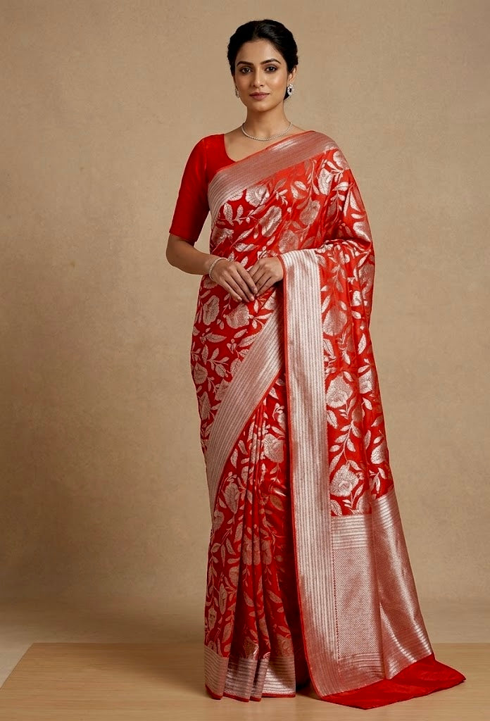 ORANGE COLOUR GEORGETTE SAREE EMBELLISHED WITH ZARI WEAVES - Kothari Sons