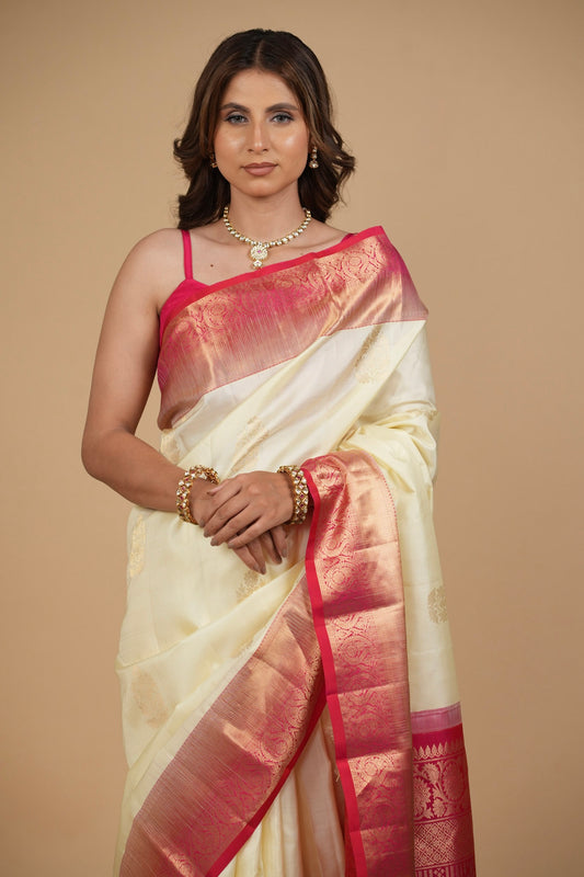 IVORY COLOUR PURE SILK KANJIVARAM SAREE WITH PINK BORDER, PALLA & BLOUSE