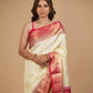 IVORY COLOUR PURE SILK KANJIVARAM SAREE WITH PINK BORDER, PALLA & BLOUSE