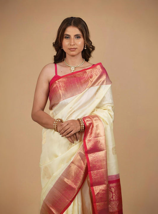 IVORY COLOUR PURE SILK KANJIVARAM SAREE WITH PINK BORDER, PALLA & BLOUSE