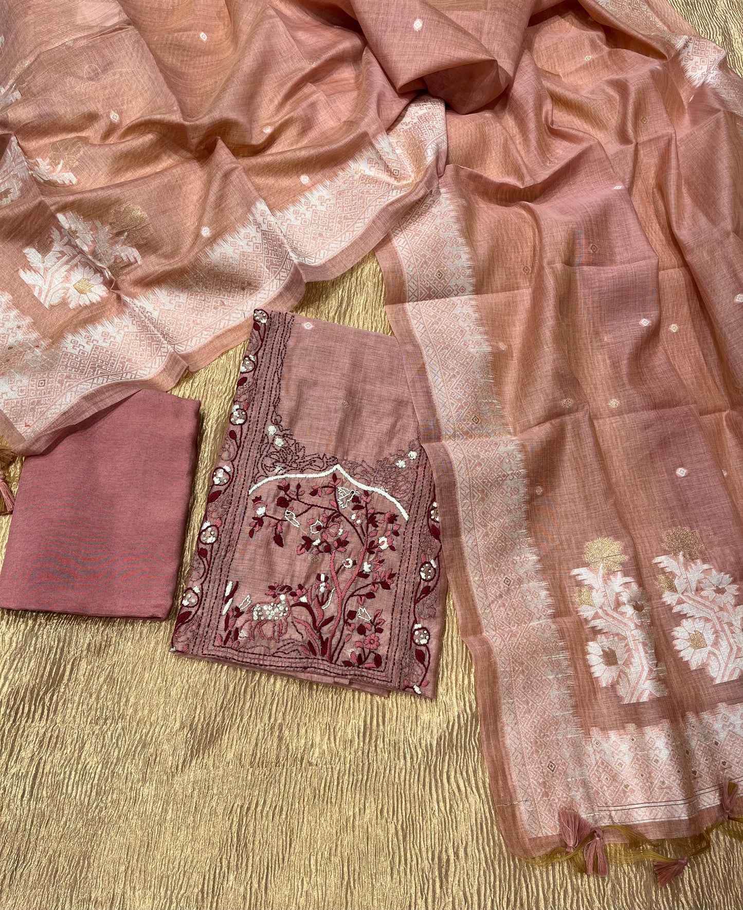 PEACH COLOUR CHANDERI JAMDANI UNSTITCHED SUIT