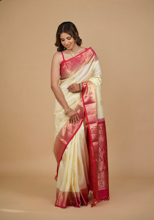 IVORY COLOUR PURE SILK KANJIVARAM SAREE WITH PINK BORDER, PALLA & BLOUSE