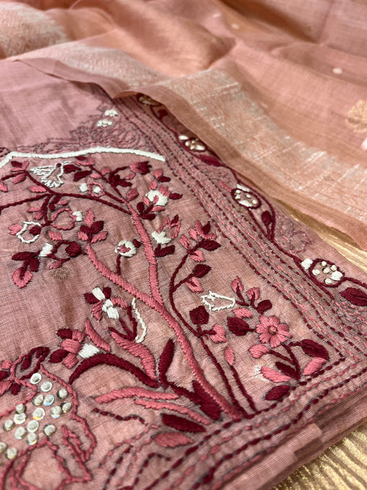 PEACH COLOUR CHANDERI JAMDANI UNSTITCHED SUIT