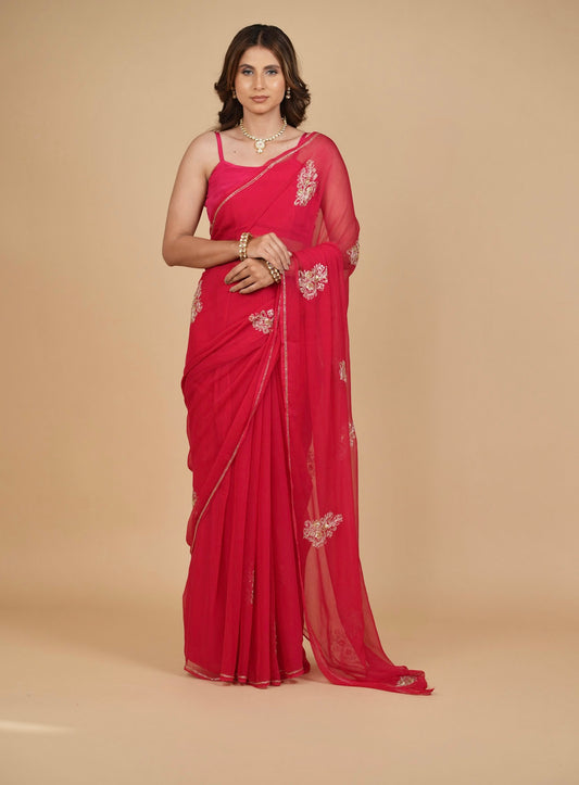 RASPBERRY PINK CHIFFON SAREE WITH HAND EMBROIDERED MOTIFS