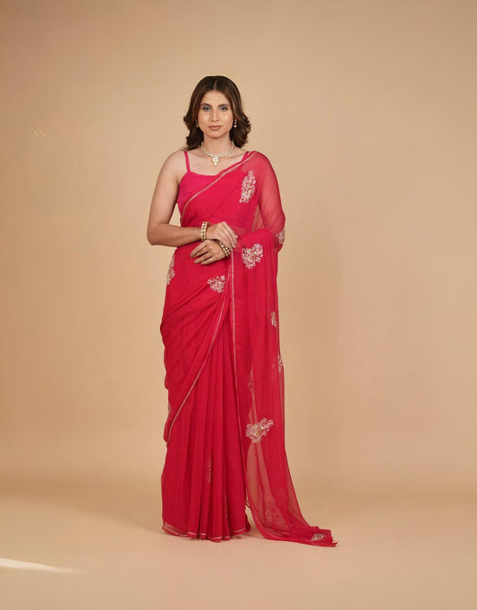 RASPBERRY PINK CHIFFON SAREE WITH HAND EMBROIDERED MOTIFS