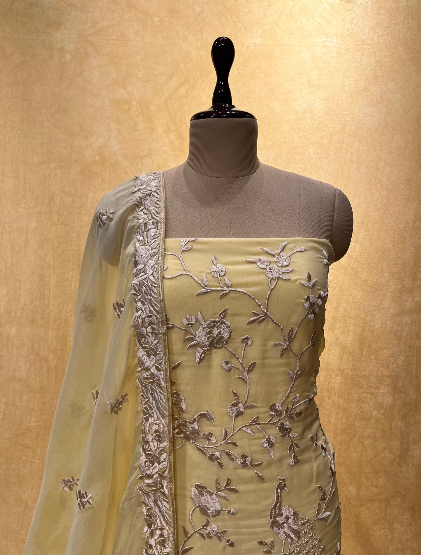 LEMON COLOUR ORGANZA PARSI WORK UNSTITCHED SUIT