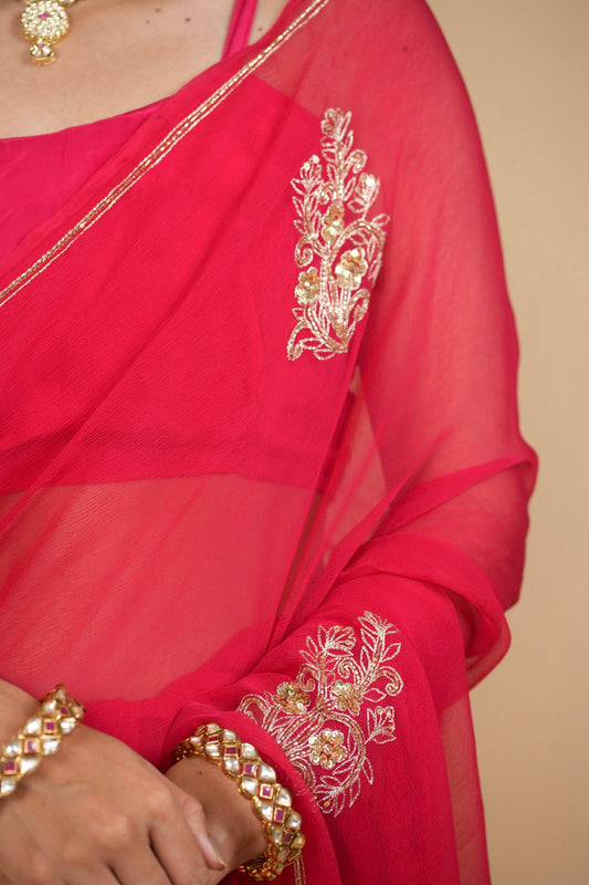 RASPBERRY PINK CHIFFON SAREE WITH HAND EMBROIDERED MOTIFS