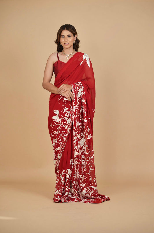RED PURE GEORGETTE PARSI EMBROIDERED SAREE