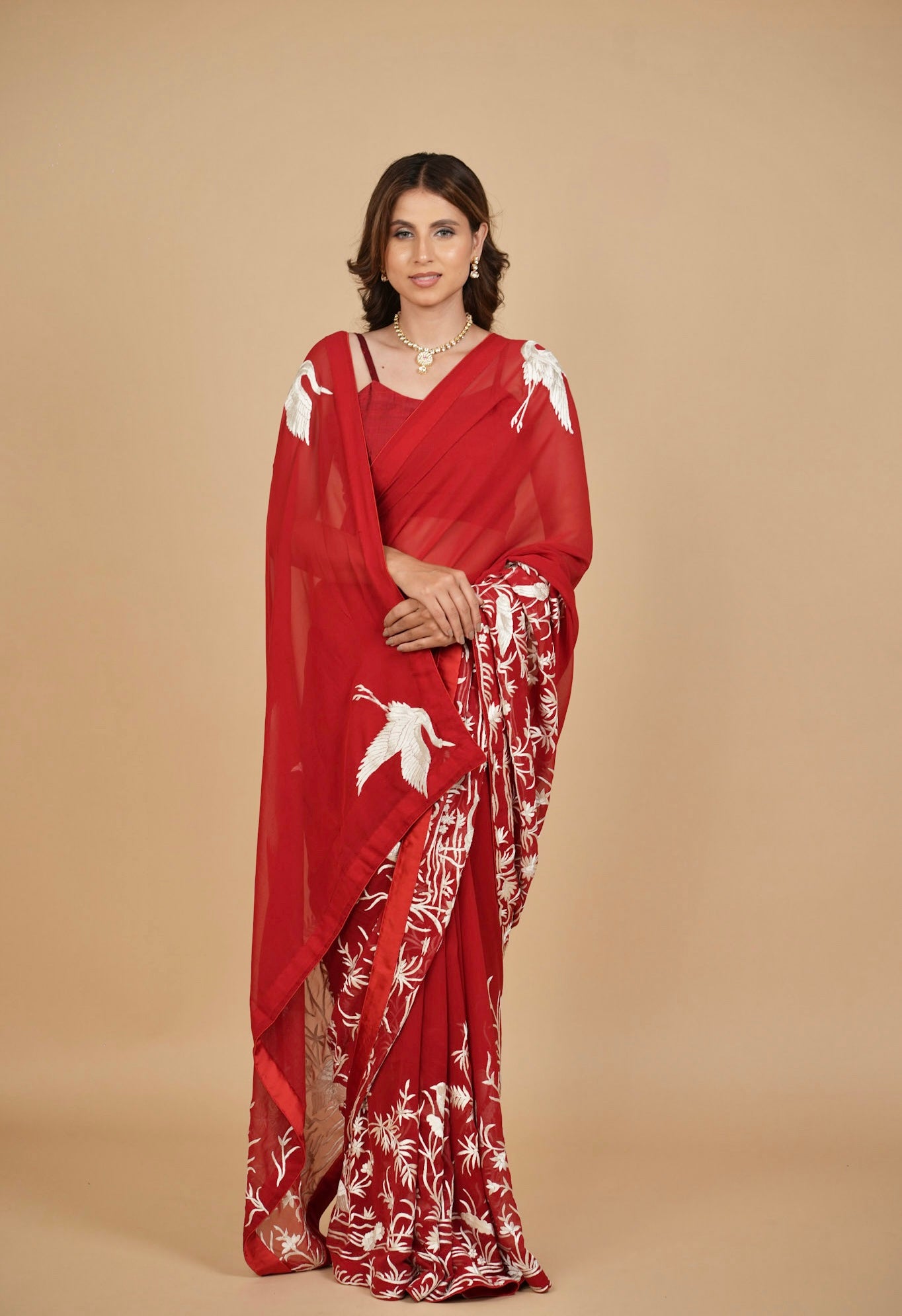 RED PURE GEORGETTE PARSI EMBROIDERED SAREE