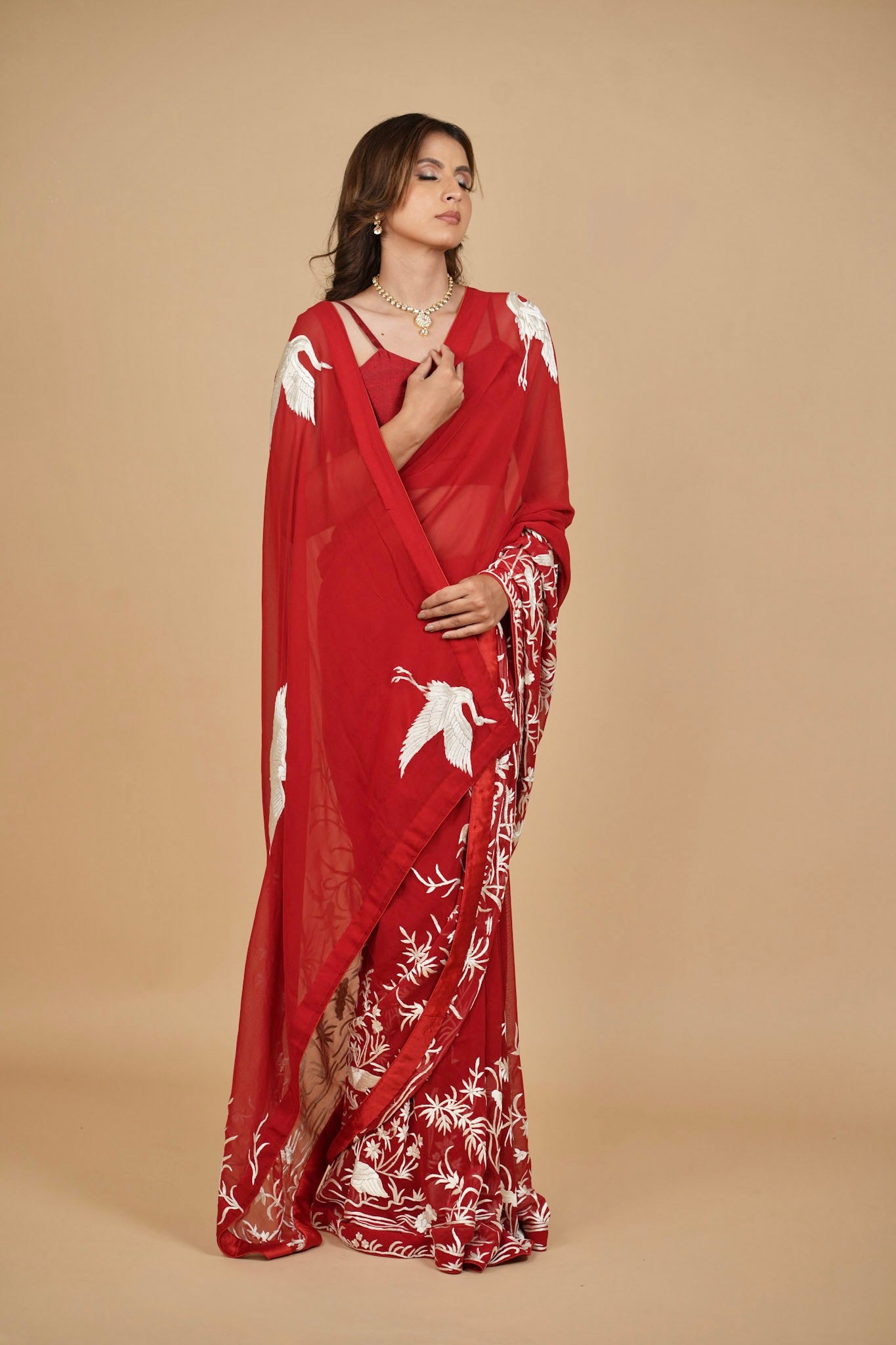 RED PURE GEORGETTE PARSI EMBROIDERED SAREE