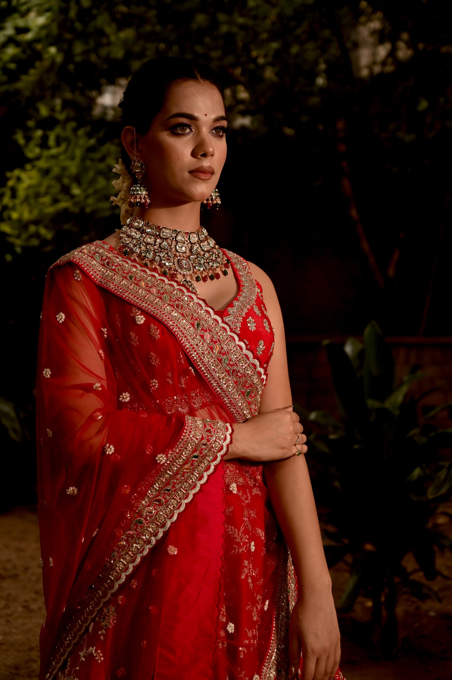 RED COLOUR BRIDAL HAND EMBROIDERED LEHENGA WITH UNSTITCHED BLOUSE & NET DUPATTA EMBELLISHED WITH ZARDOZI & BEADS WORK