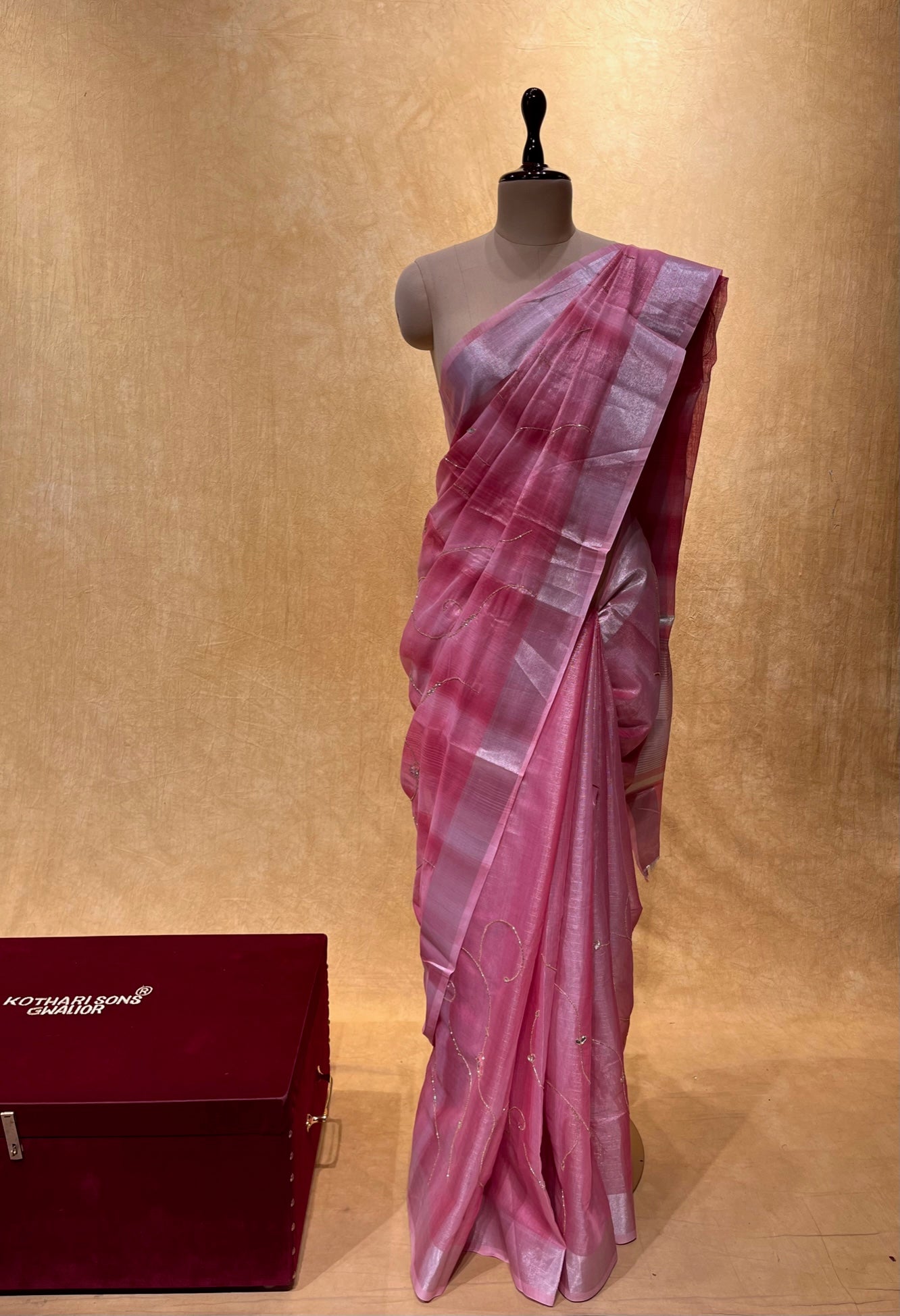 PINK COLOUR COTTON TISSUE EMBROIDERED SAREE EMBELLISHED WITH CUTDANA WORK
