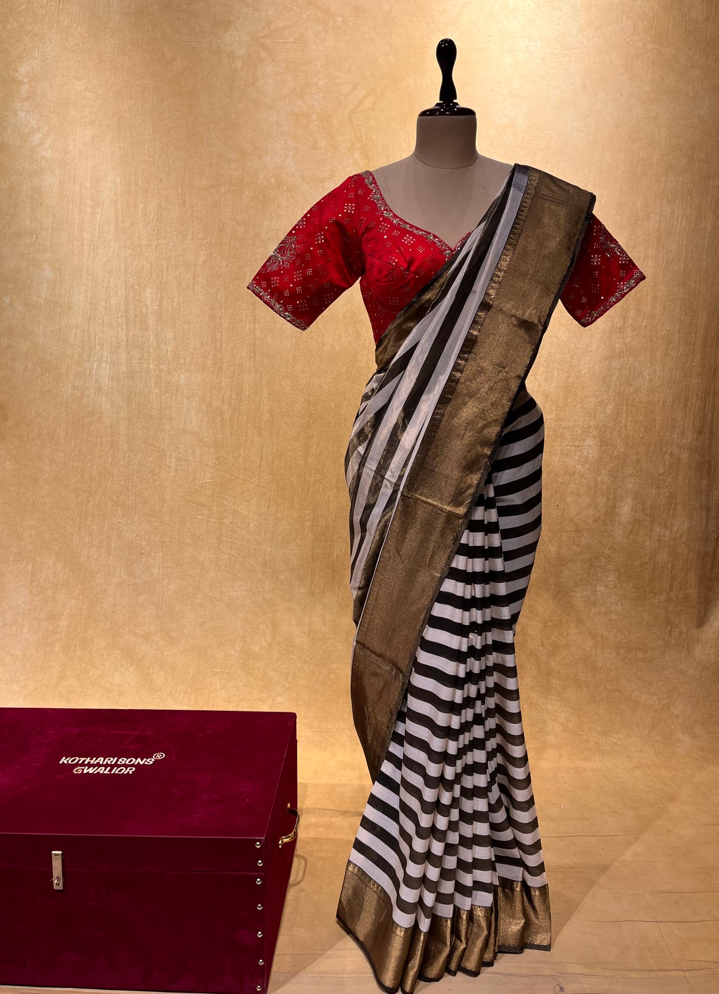 BLACK & RED COLOUR STRIPED COTTON SILK TISSUE READYMADE BLOUSE SAREE EMBELLISHED WITH ZARI WORK