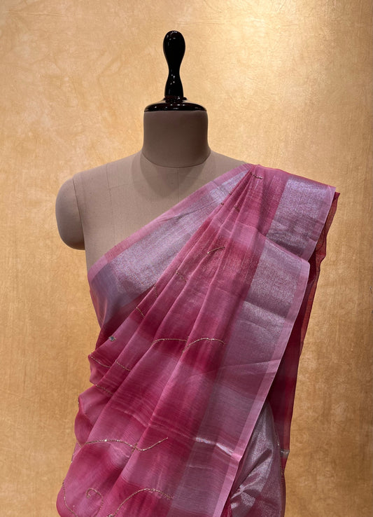 PINK COLOUR COTTON TISSUE EMBROIDERED SAREE EMBELLISHED WITH CUTDANA WORK