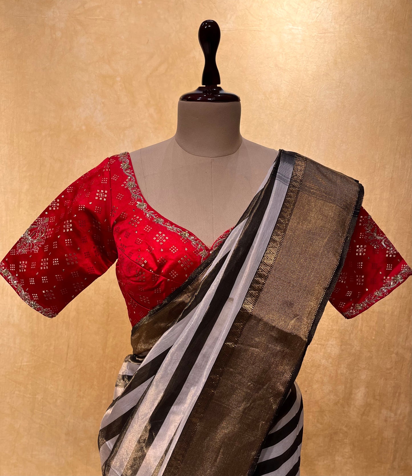 BLACK & RED COLOUR STRIPED COTTON SILK TISSUE READYMADE BLOUSE SAREE EMBELLISHED WITH ZARI WORK