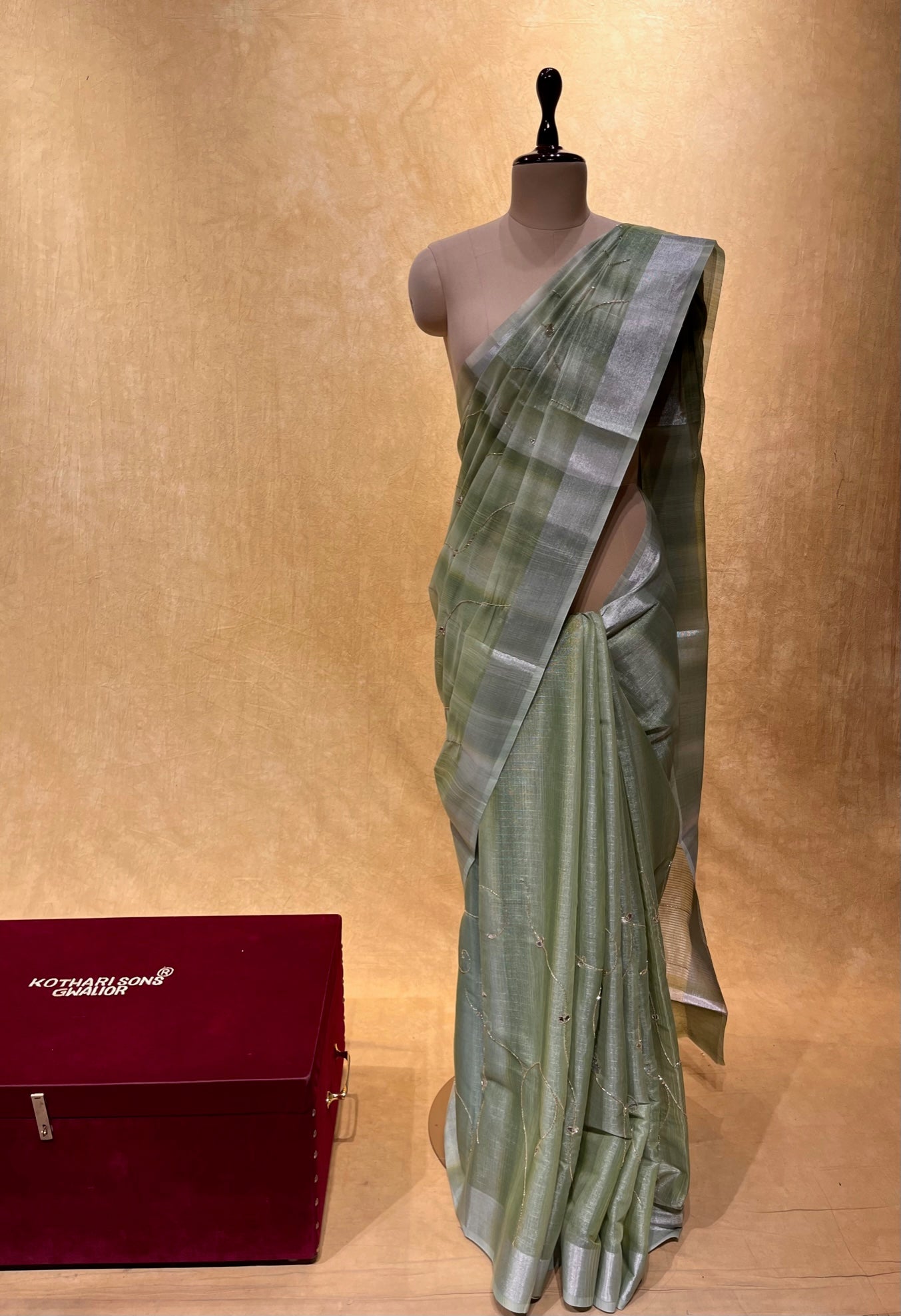 PASTEL GREEN COLOUR COTTON TISSUE EMBROIDERED SAREE EMBELLISHED WITH CUTDANA WORK