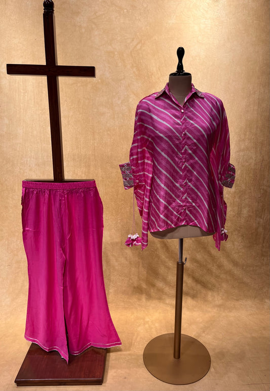 PINK COLOUR MUSLIN SILK CO-ORDS SET EMBELLISHED WITH MIRROR FOIL WORK