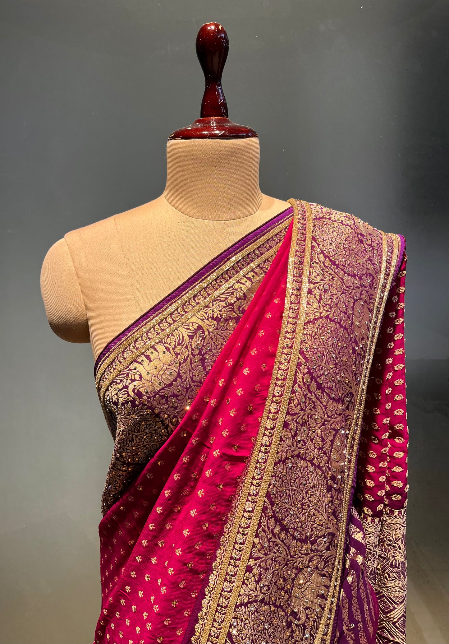 MAGENTA & PURPLE COLOURS GEORGETTE KHADDI EMBROIDERED SAREE EMBELLISHED WITH CUTDANA WORK