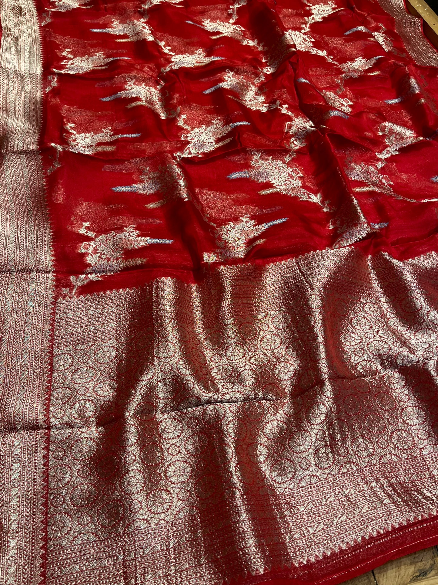 RED COLOUR ORGANZA SILK SAREE EMBELLISHED WITH ZARI WEAVES - Kothari Sons