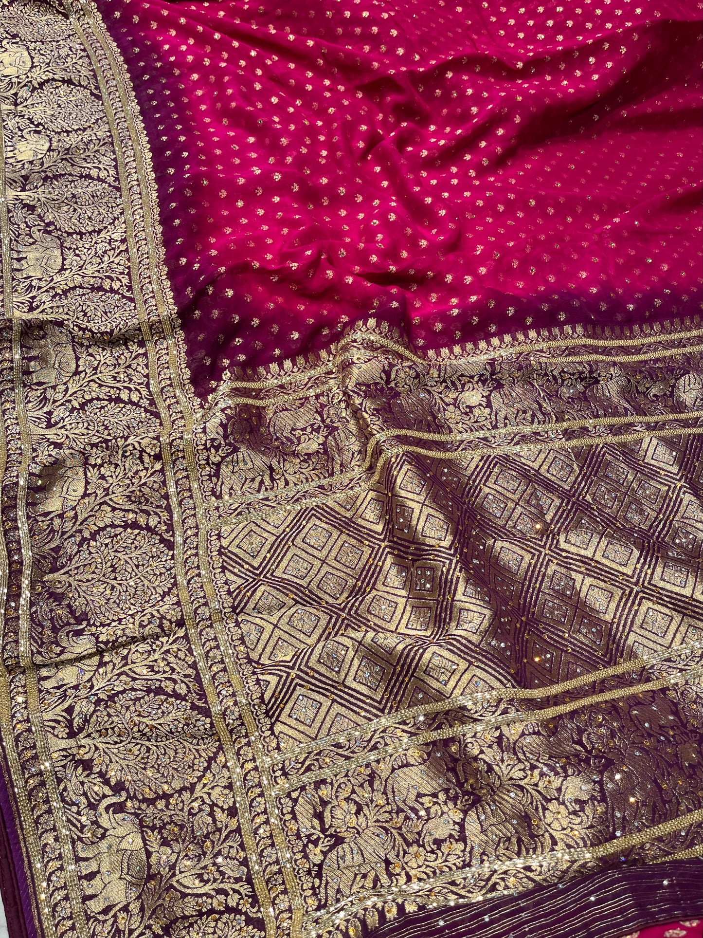 MAGENTA & PURPLE COLOURS GEORGETTE KHADDI EMBROIDERED SAREE EMBELLISHED WITH CUTDANA WORK