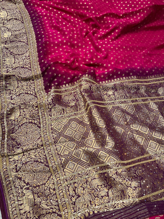 MAGENTA & PURPLE COLOURS GEORGETTE KHADDI EMBROIDERED SAREE EMBELLISHED WITH CUTDANA WORK