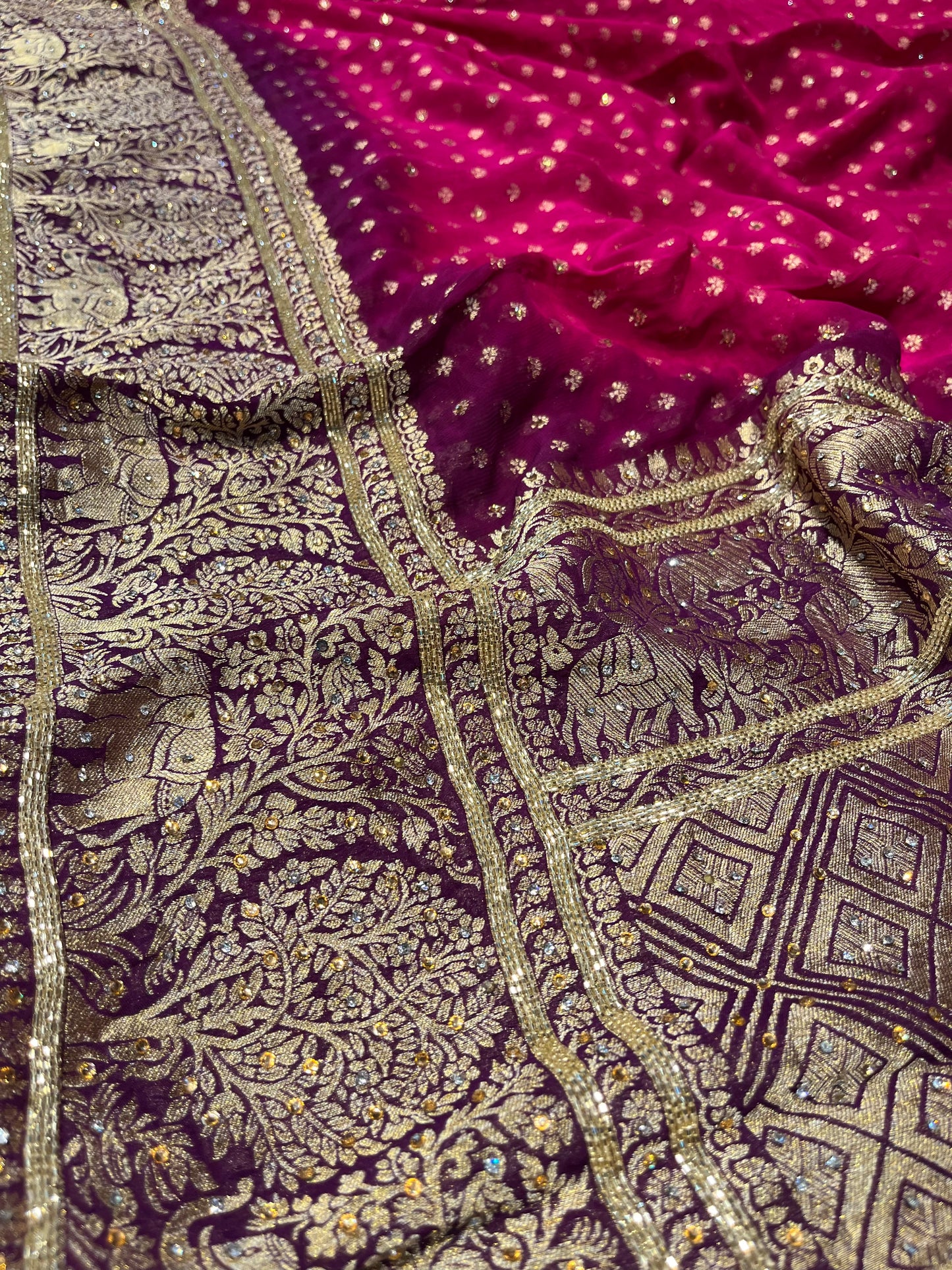 MAGENTA & PURPLE COLOURS GEORGETTE KHADDI EMBROIDERED SAREE EMBELLISHED WITH CUTDANA WORK