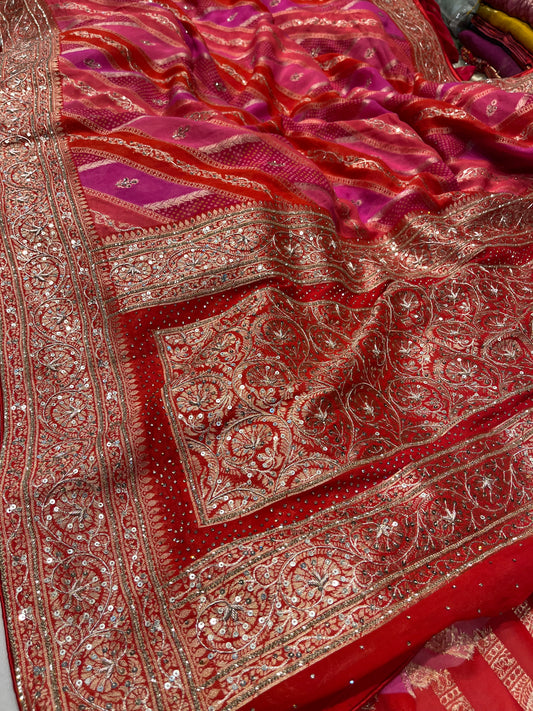 ORANGE & PINK COLOUR GEORGETTE KHADDI EMBROIDERED SAREE EMBELLISHED WITH CUTDANA, ZARDOZI & AARI WORK