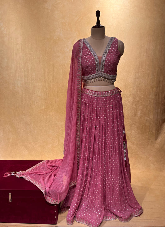 ONION PINK COLOUR CHINON LEHENGA WITH CROP TOP BLOUSE EMBELLISHED EITH PEARL, MIRROR & ZARDOZI WORK