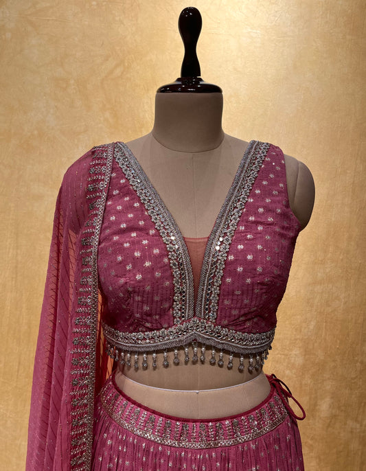 ONION PINK COLOUR CHINON LEHENGA WITH CROP TOP BLOUSE EMBELLISHED EITH PEARL, MIRROR & ZARDOZI WORK