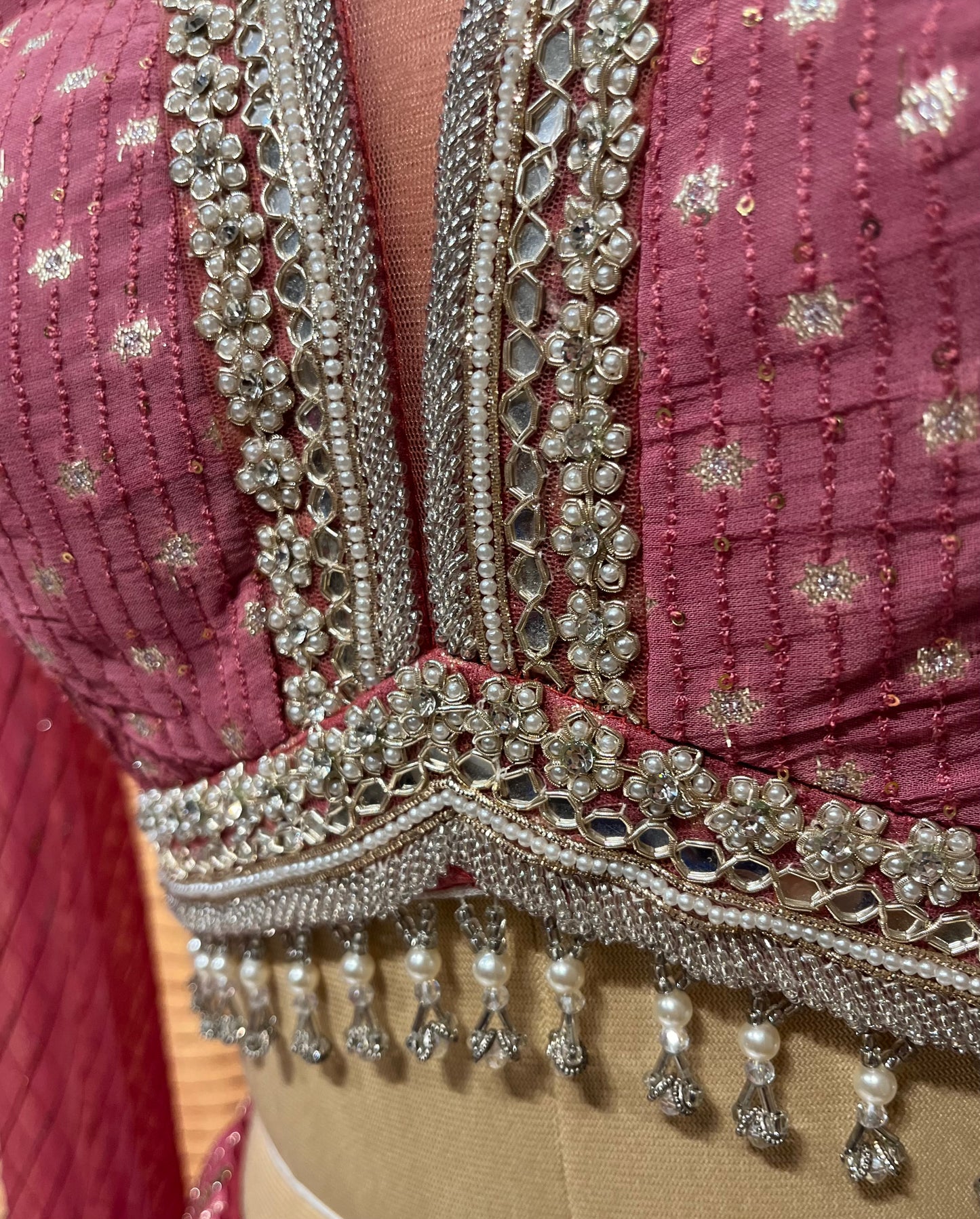 ONION PINK COLOUR CHINON LEHENGA WITH CROP TOP BLOUSE EMBELLISHED EITH PEARL, MIRROR & ZARDOZI WORK