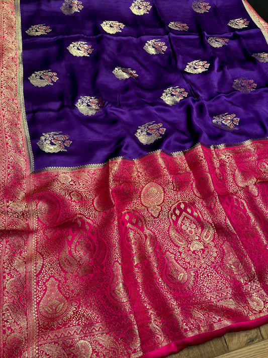 PURPLE COLOUR SATIN SILK SAREE EMBELLISHED WITH ZARI WEAVES & CONTRAST BLOUSE - Kothari Sons