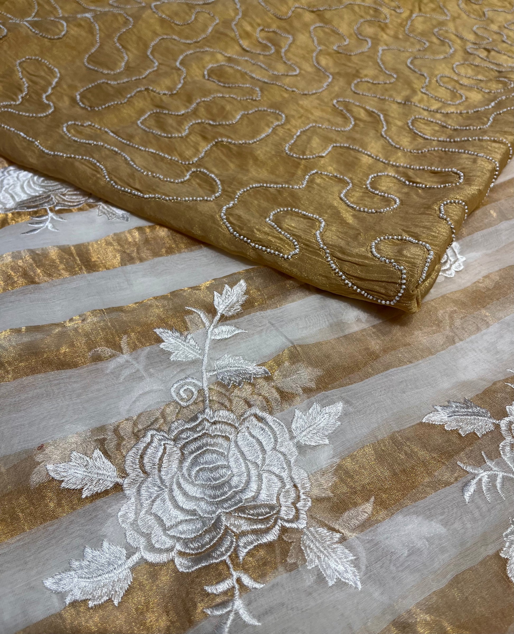 IVORY COLOUR CHANDERI GOLDEN STRIPED PARSI EMBROIDERED SAREE PAIRED WITH AN UNSTITCHED GOLDEN BLOUSE BY SIDDHAIKA - Kothari Sons